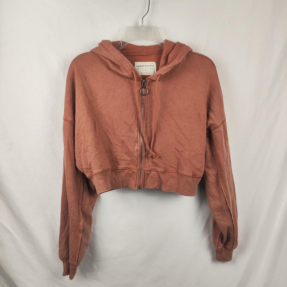 Aeropostale Hoodie Womens Small Orange Cropped Full Zip Fleece Sweatshirt